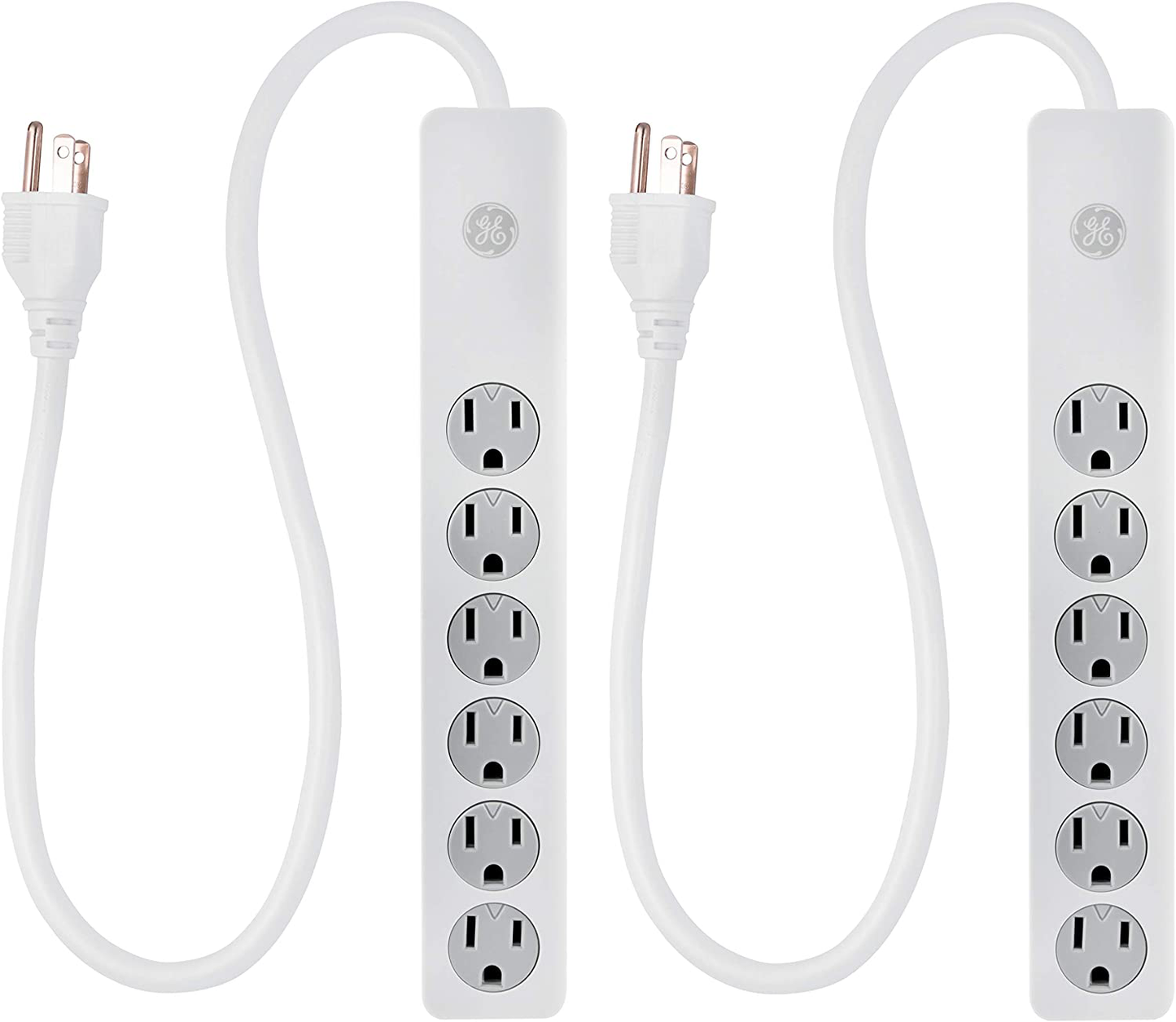 GE 6 Outlet Surge Protector, 10 Ft Extension Cord, Power Strip, 800 Joules, Flat Plug, Twist-to-Close Safety Covers, White, 14092