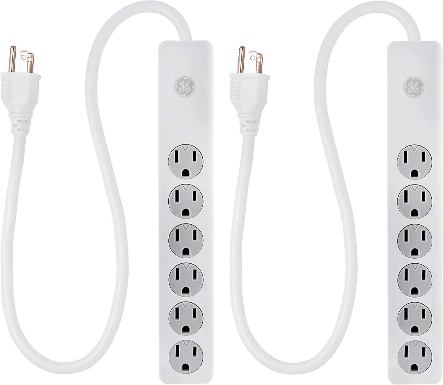 GE 6 Outlet Surge Protector, 10 Ft Extension Cord, Power Strip, 800 Joules, Flat Plug, Twist-to-Close Safety Covers, White, 14092