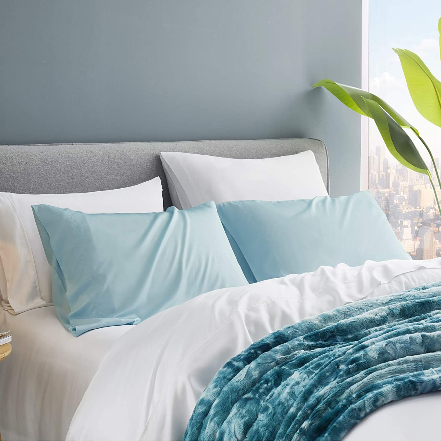 Bedsure Bamboo Pillow Cases Queen Size Set of 2 - Aqua Blue Cooling Pillowcases 2 Pack with Envelope Closure, Cool and Breathable Pillow Case, 20x30 inches