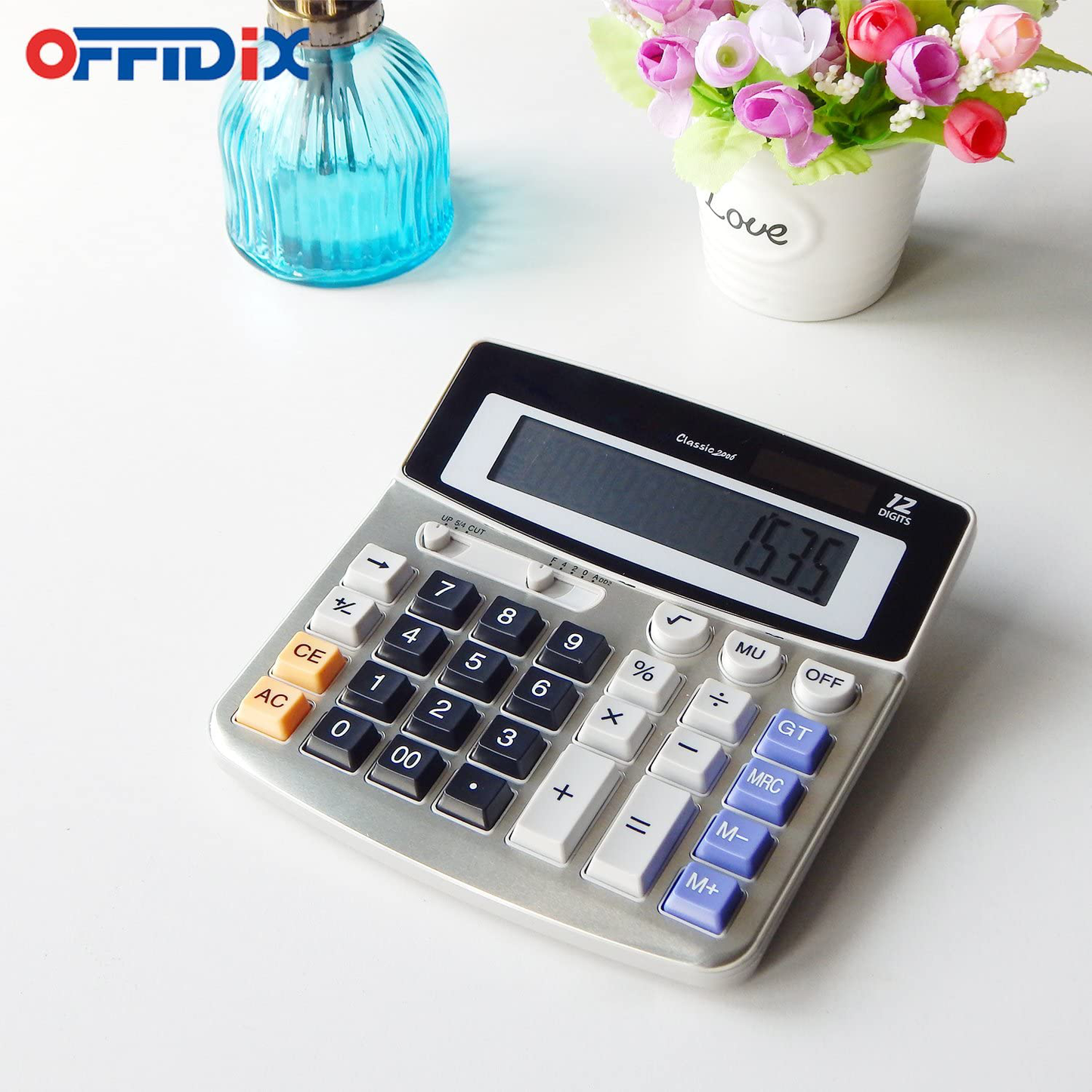 OFFIDIX Office Calculators Desktop Calculator,Basic Calculators, Solar Battery Dual Power Electronic Calculator Portable 12 Digit Large LCD Display Calculator Large Calculator