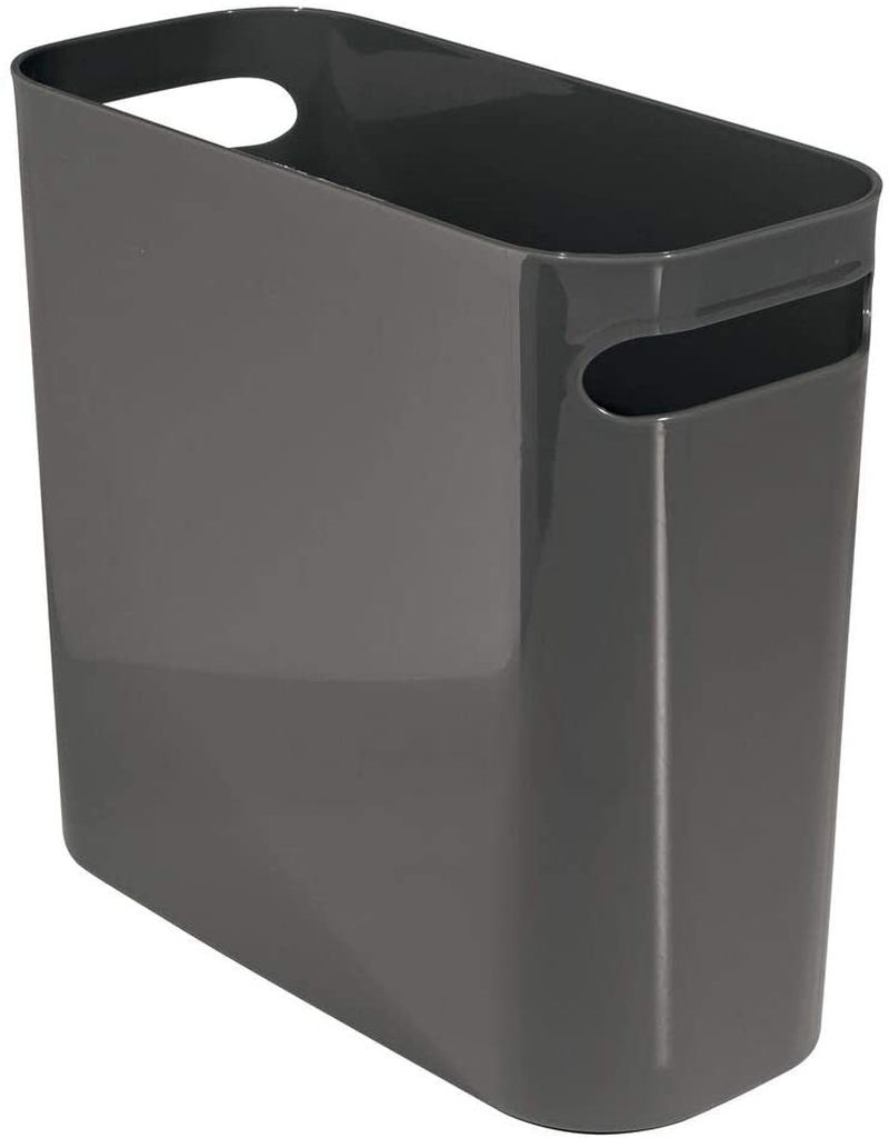 mDesign Slim Plastic Rectangular Small Trash Can Wastebasket, Garbage Container Bin with Handles for Bathroom, Kitchen, Home Office, Dorm, Kids Room - 10" High, Shatter-Resistant - Black
