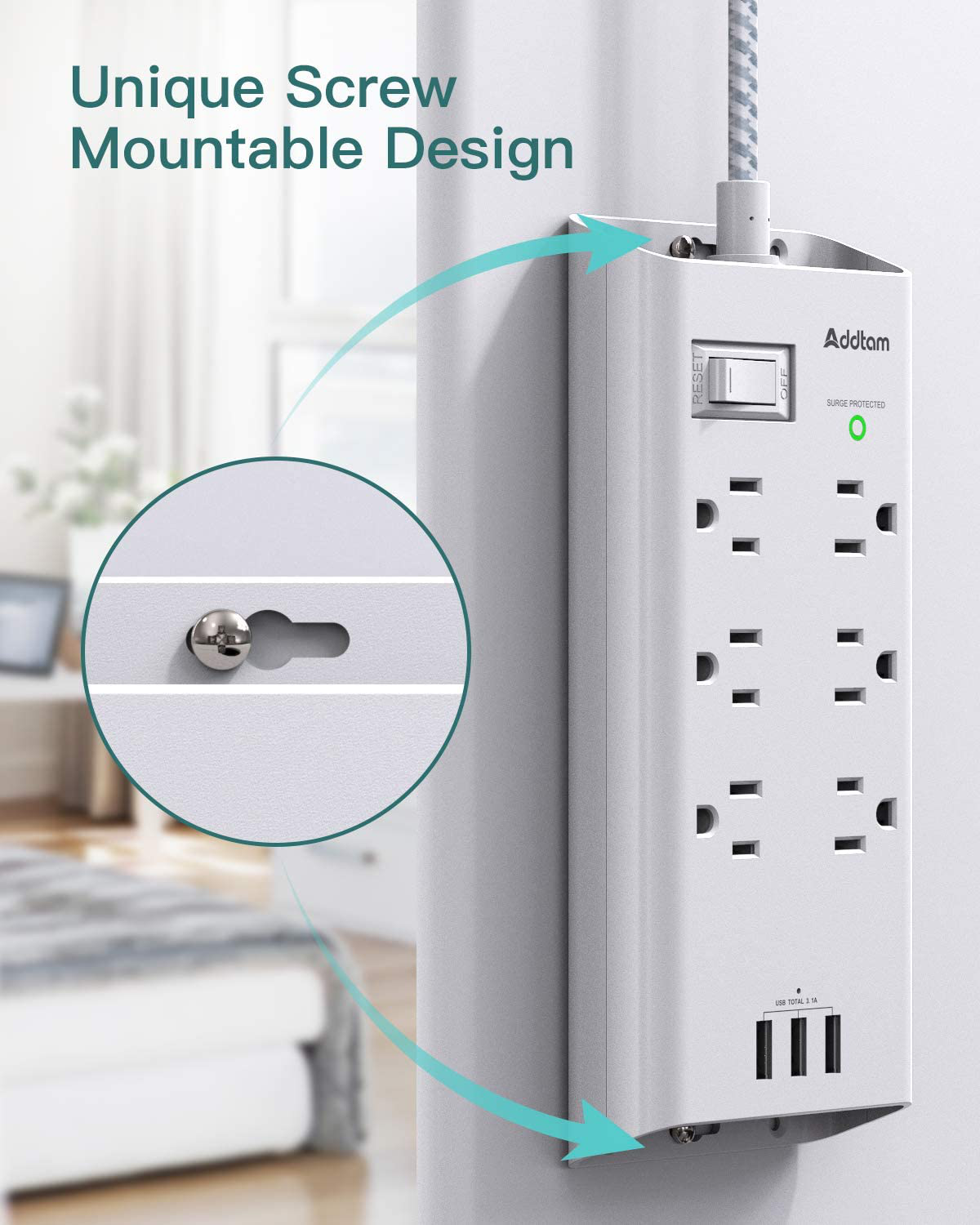 Power Strip Surge Protector, Addtam 6 Outlets and 3 USB Ports 5Ft Long Extension Cord, Flat Plug Overload Surge Protection Outlet Strip, Wall Mount for Home, Office and More, ETL Listed