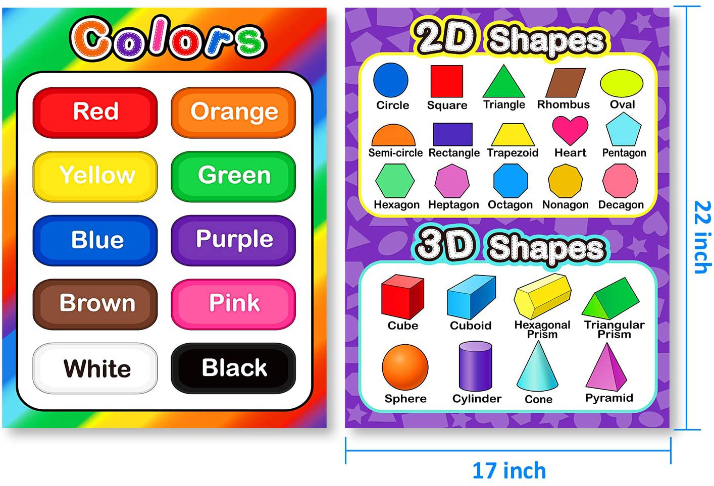 Extra Large Preschool Educational Learning Posters for Kids Toddlers, Nursery Homeschool Pre-K Kindergarten Classroom Decoration, 17 x 22 Inch (4 Pieces, Alphabet, Number 1-10, Shapes, Colors)