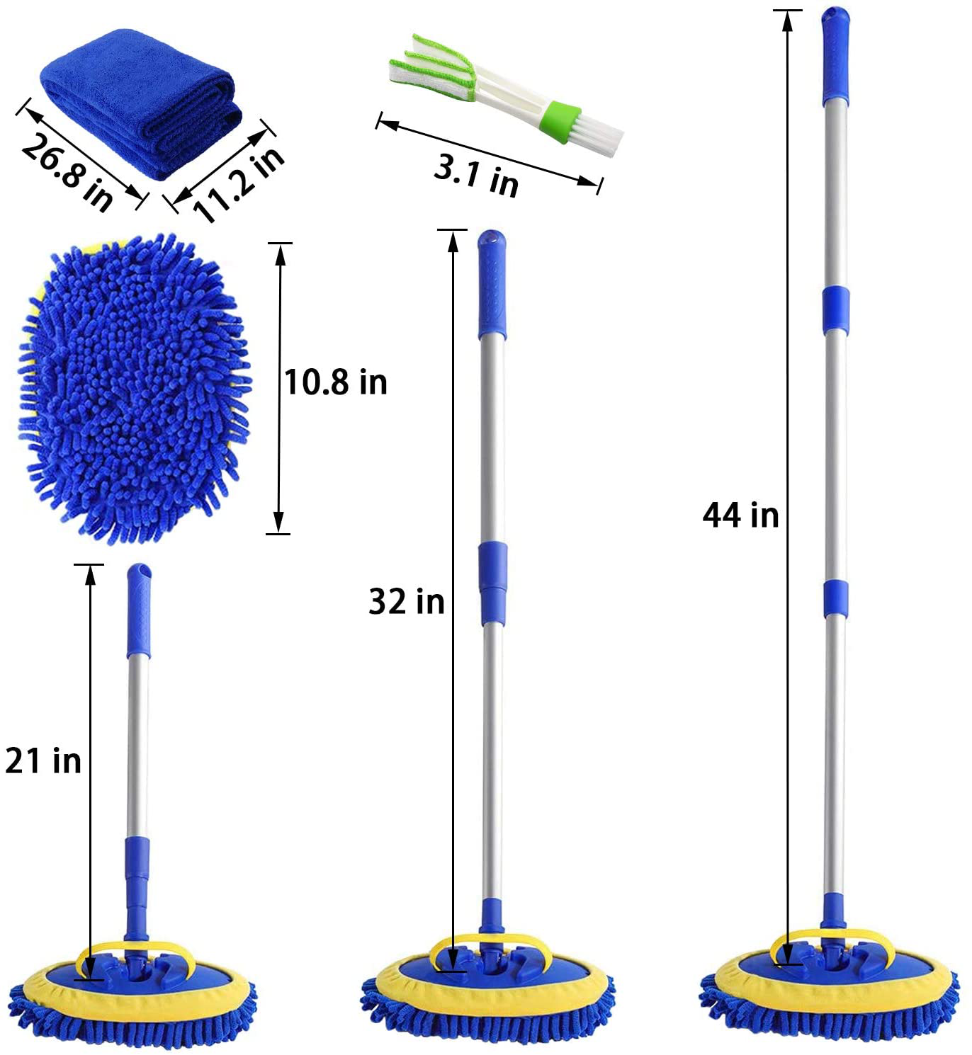 2 in 1 Microfiber Car Wash Mop Mitt with 45" Aluminum Alloy Long Handle,Chenille Car Cleaning Kit Brush Duster with Scratch Free for Washing Car/Truck/RV,2 Mop Head and 1 Towels and Air Vent Duster