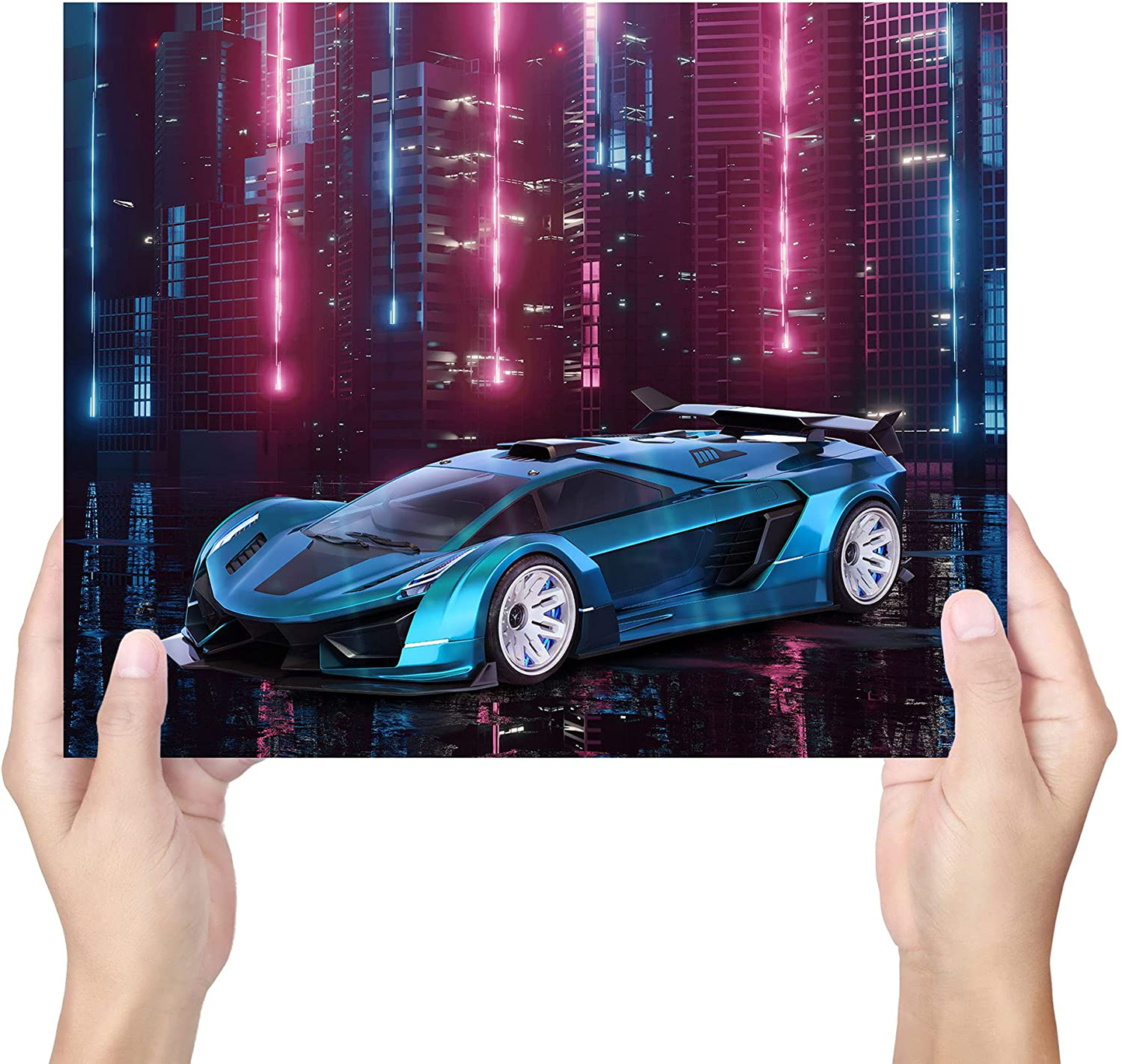 Car Wall Art, Car Poster, Car Posters for Boys Room - Set of 4 (10"x8") Car Wall Decor, Car Decor for Boys Room, Kids Room Decor For Boys - UNFRAMED Boys Room Wall Decor - Cyber City Theme