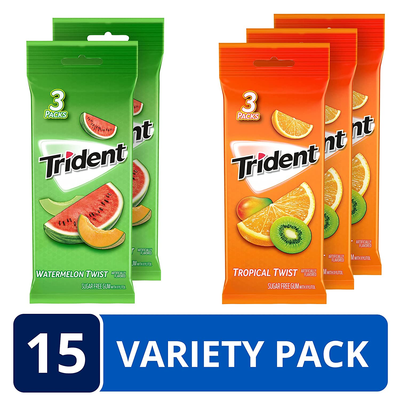 Trident Sugar Free Gum Variety Pack, Watermelon Twist & Tropical Twist Flavors, 15 Packs (210 Pieces Total)