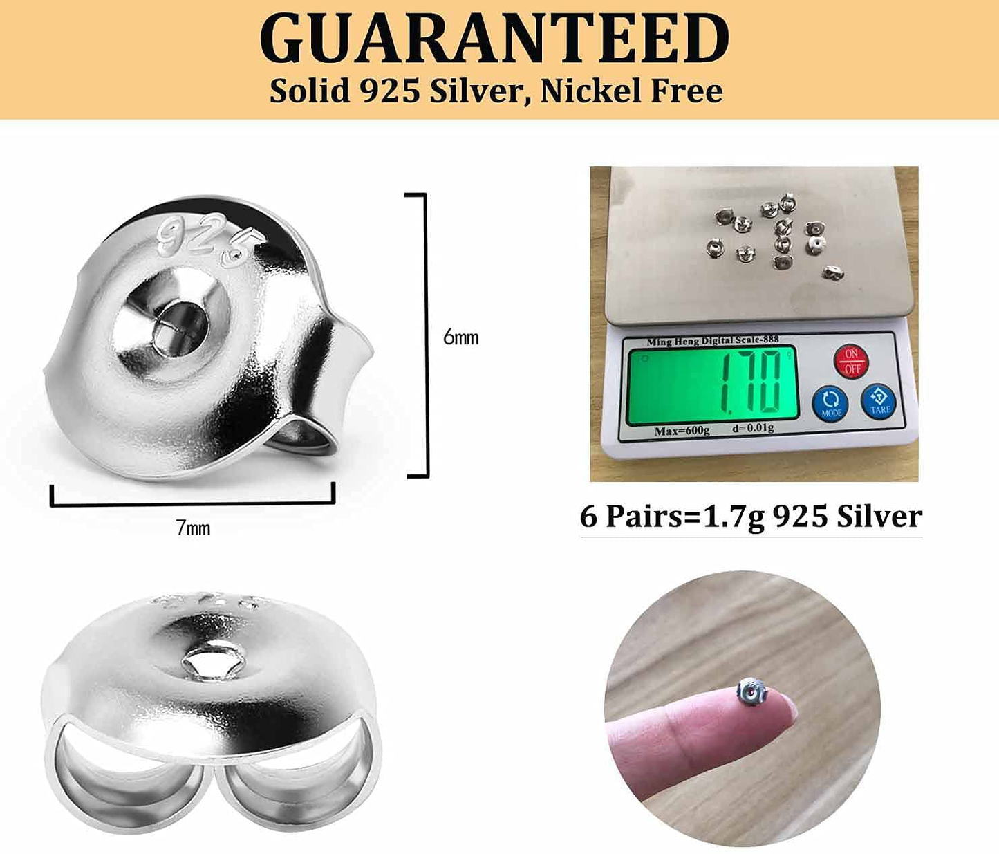 12PCS Real 925 Silver Earring Backs Replacements, 18K White Gold Plated Hypoallergenic Earring Backs for Studs, Secure Ear Locking for Stud Earrings Ear Nut for Posts, 6mm