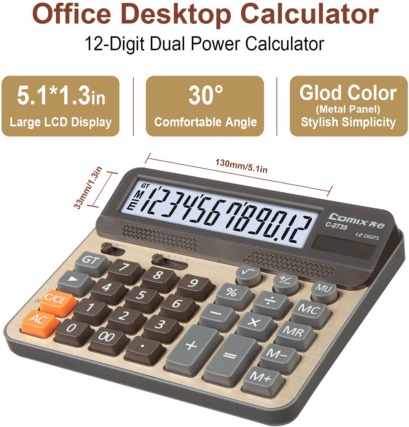 Comix Desktop Calculator, Large Computer Keys, 12 Digits Display, Champaign Gold Color Panel, C-2735