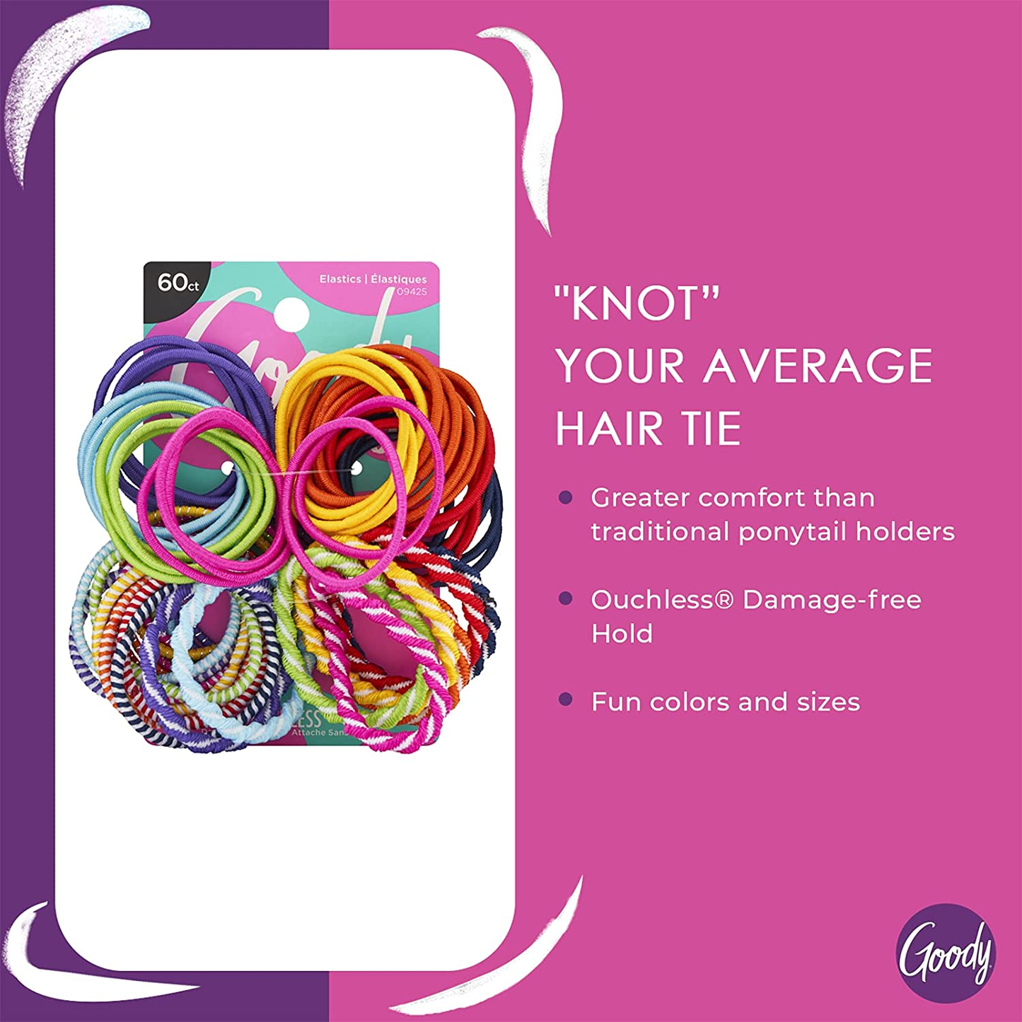 Goody Ouchless Elastic Hair Ties - 60 Count, Assorted in Brights and Pastels - Perfect for Fine, Curly Hair and Sensitive Scalps - Pain Free Hair Accessories for Men, Women, Girls and Boys