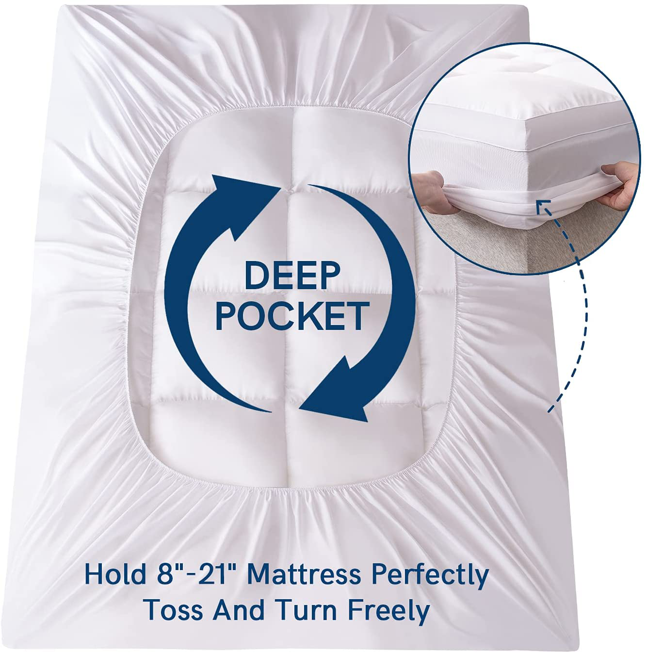 ELEMUSE Full White Cooling Mattress Topper for Back Pain, Extra Thick Mattress pad Cover, Plush Soft Pillowtop with Elastic Deep Pocket, Overfilled Down Alternative Filling