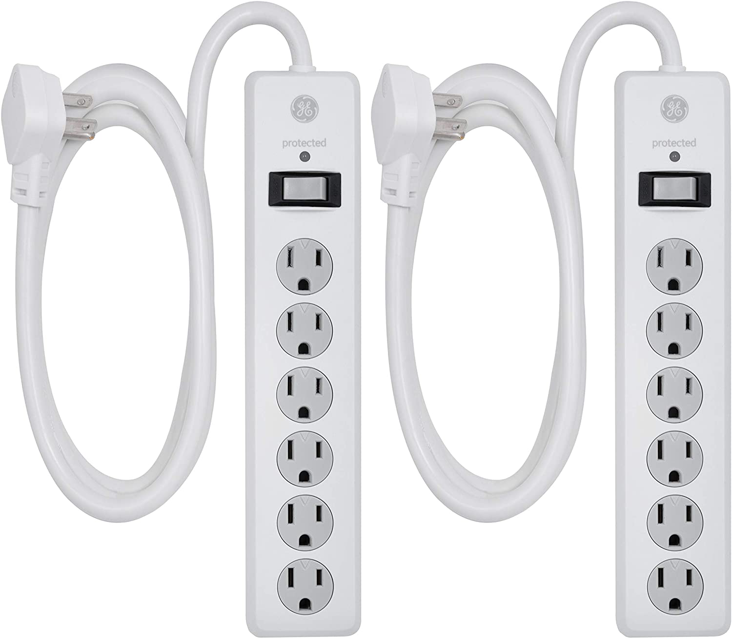 GE 6 Outlet Surge Protector, 10 Ft Extension Cord, Power Strip, 800 Joules, Flat Plug, Twist-to-Close Safety Covers, White, 14092