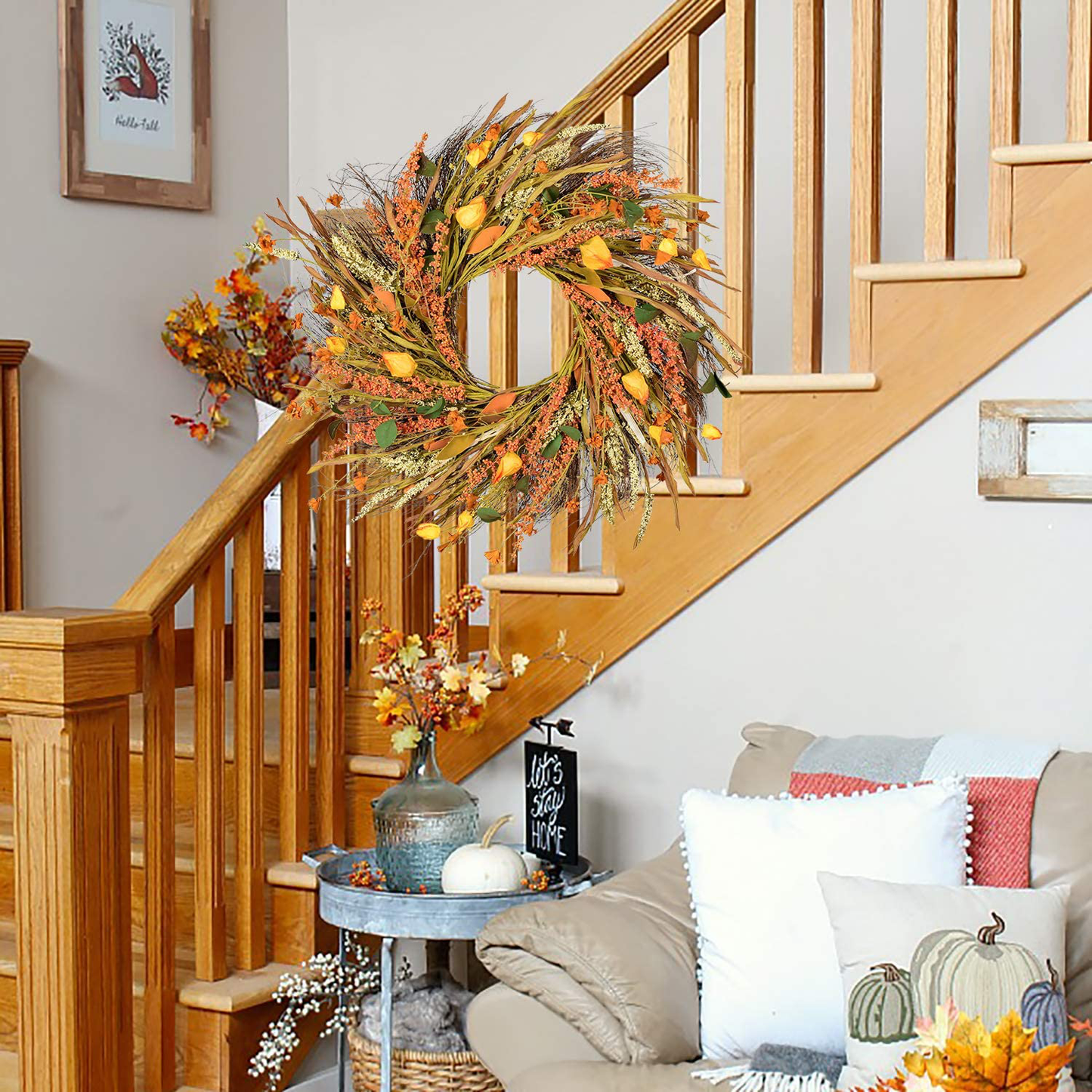 DearHouse 22 inch Fall Wreath Front Door Wreath Grain Wreath Harvest Gold Wheat Ears Circle Garland Autumn Wreath for Front Door Wedding Wall Home Thanksgiving Decor