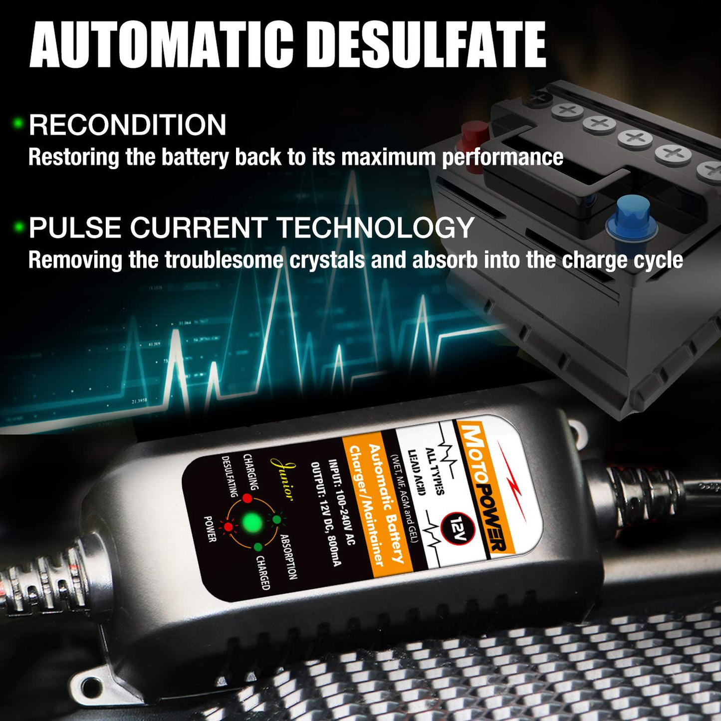 12V 800Ma Automatic Battery Charger, Battery Maintainer, Trickle Charger, and Battery Desulfator