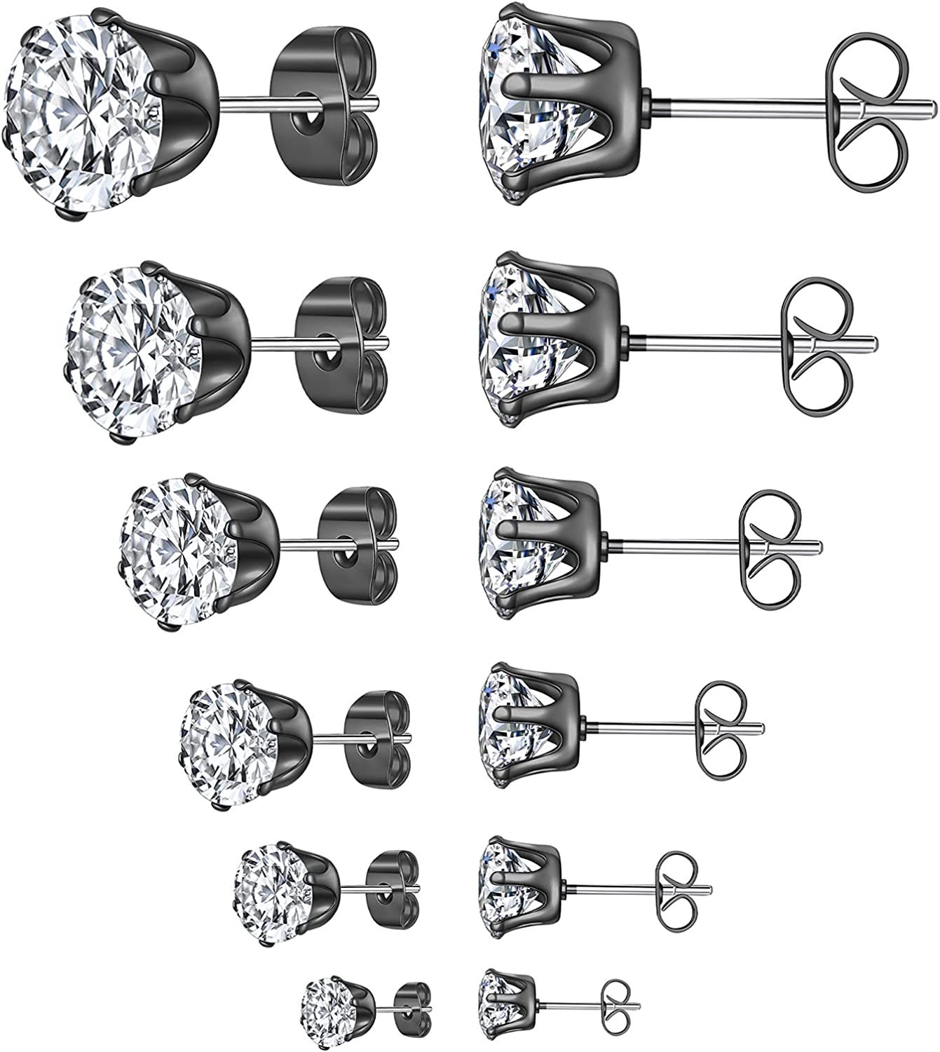 6 Pairs Stud Earrings Set,Clear Cubic Zirconia 316L Stainless Steel Earrings for Women for Men 3-8Mm
