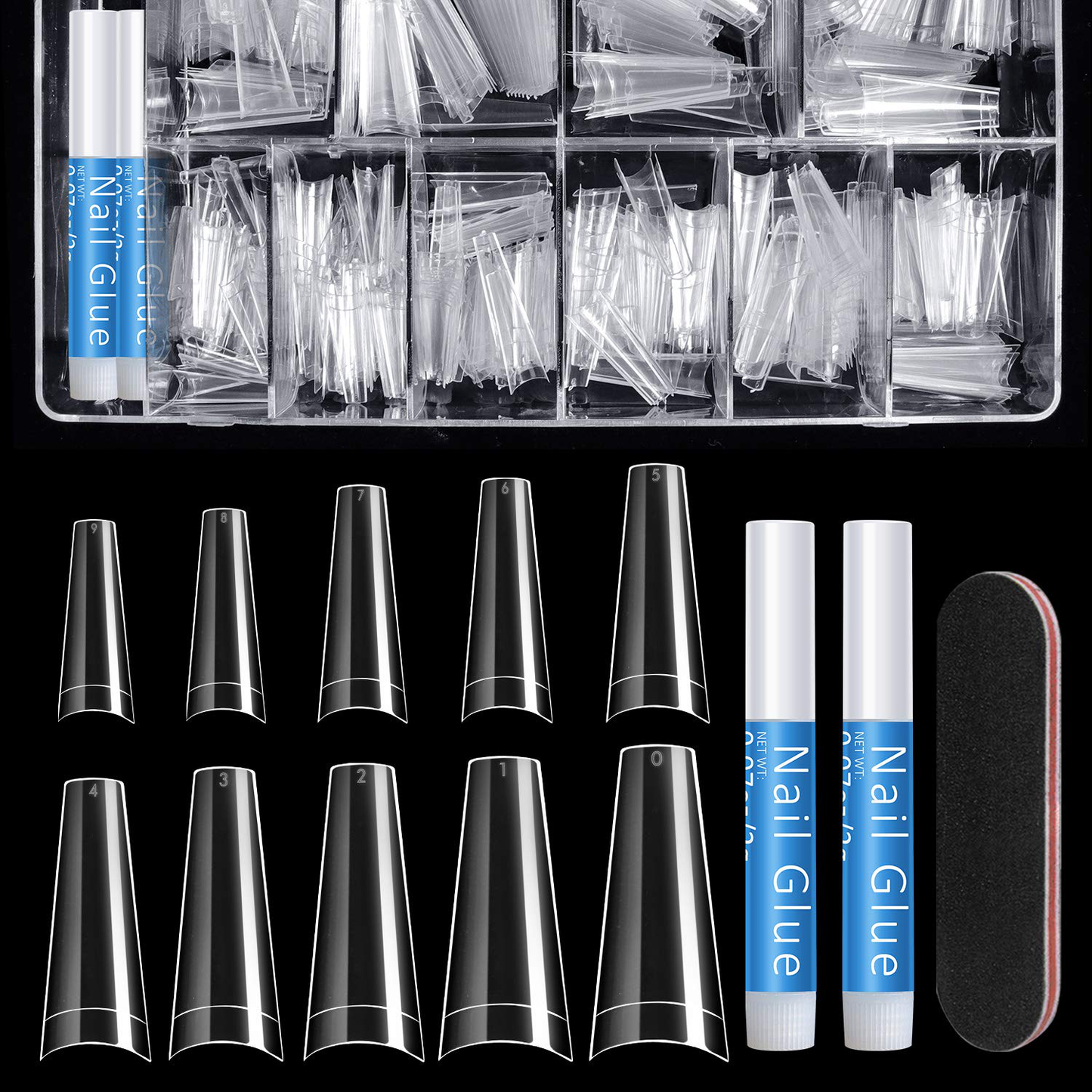 Coffin Nails Long Fake Nails - Clear Acrylic Nails Coffin Shaped Ballerina Nails Tips 500Pcs Full Cover False Nail with 4Pcs Nail Glues and 1Pcs Nail File, 10 Sizes