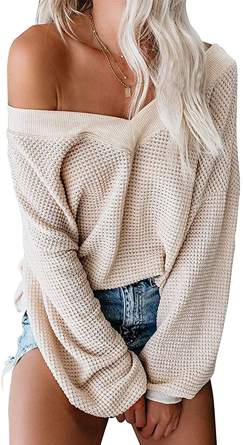 ReachMe Women's Oversized Off Shoulder Pullover Tops Long Sleeve Loose Fit Waffle Knit Tops