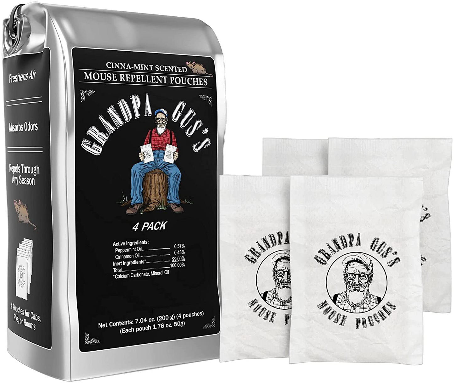 Grandpa Gus's Mouse Repellent, Natural Cinnamon & Peppermint Oil For Large Indoor & Multiple Implements/Vehicles, Absorb Odors