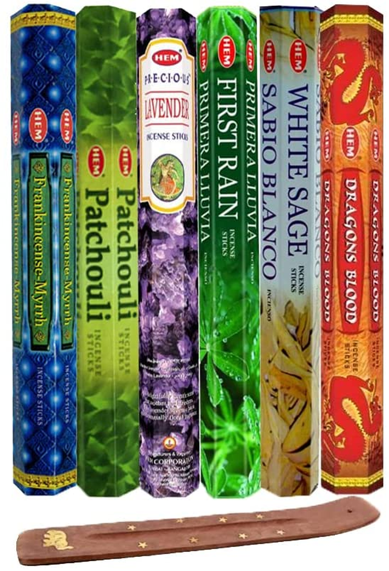 Six Most Popular Hem Incense Scents of All Time, 120 Sticks Total, with Free Burner - 20 Sticks Each of Dragon S Blood, Frankincense & Myrrh, Patchouli, Precious Lavender, First Rain, and White Sage