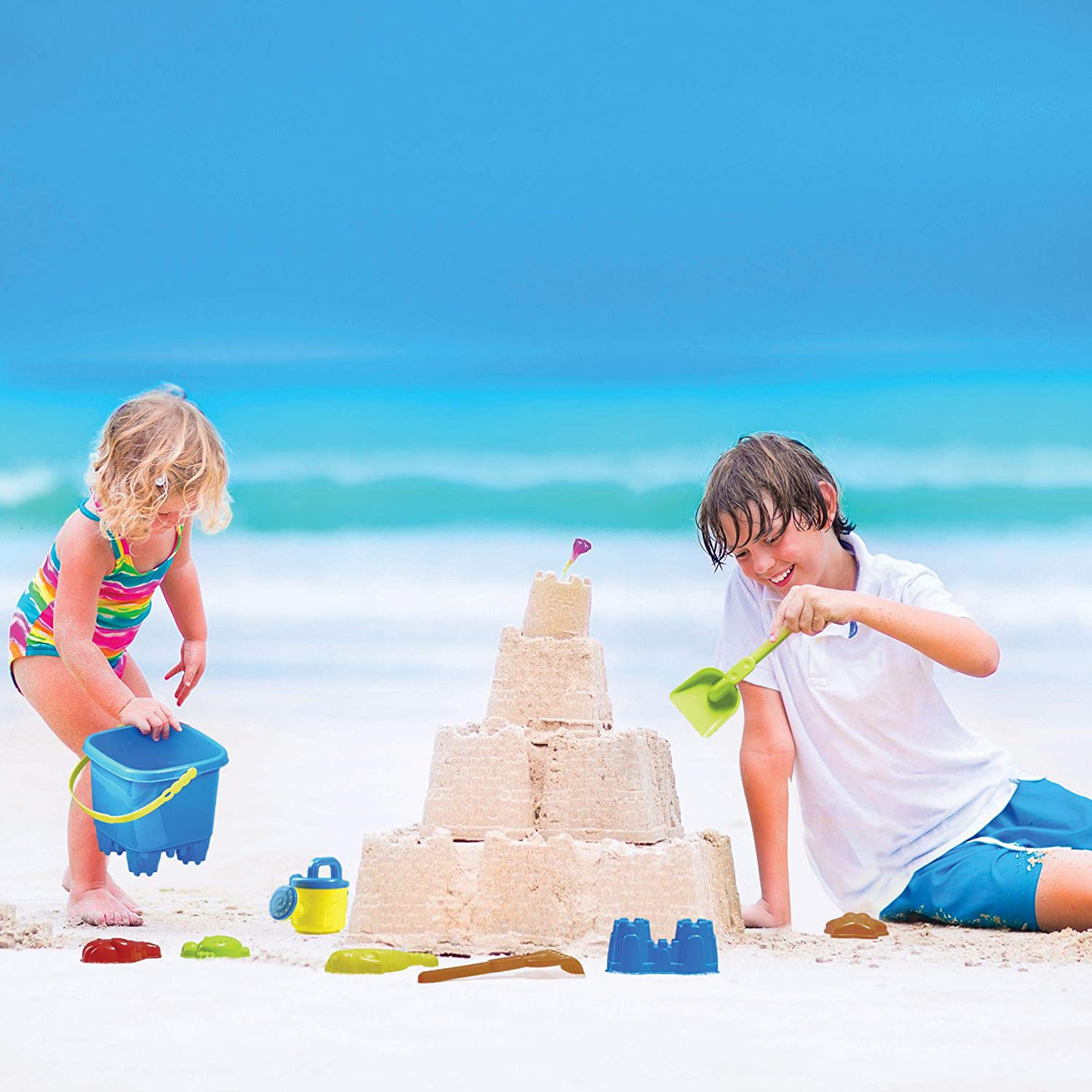 Prextex 10 Piece Beach Toys Sand Toys Set, Bucket with Sifter, Shovel, Rake, Watering Can, Animal and Castle Sand Molds