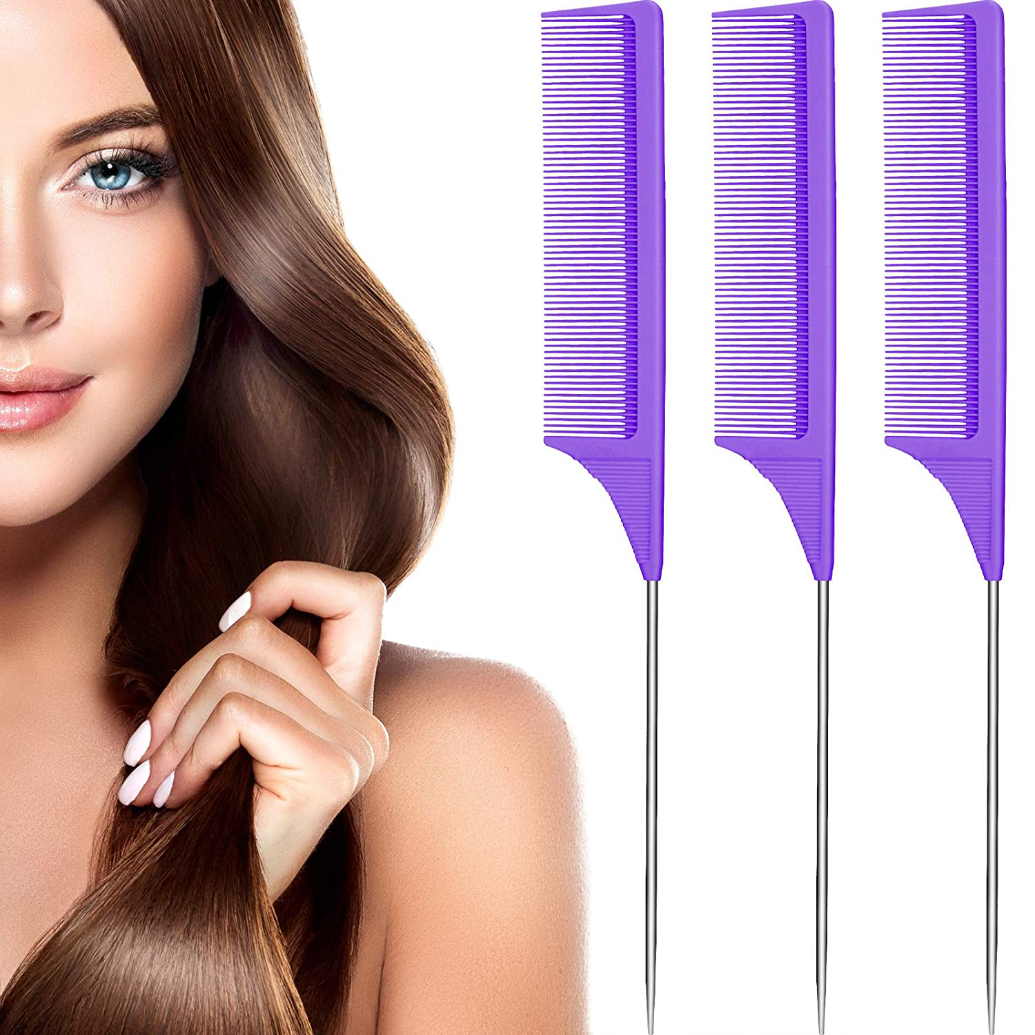 3 Packs Rat Tail Comb Steel Pin Rat Tail Carbon Fiber Heat Resistant Teasing Combs with Stainless Steel Pintail