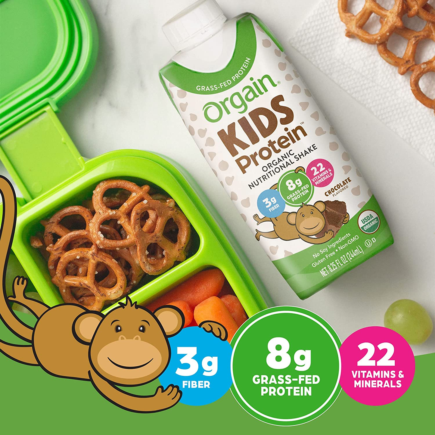 Orgain Organic Kids Protein Nutritional Shake, Chocolate - 8G of Protein, 22 Vitamins & Minerals, Fruits & Vegetables, Gluten Free, Soy Free, Non-Gmo, 8.25 Oz, 12 Ct (Packaging May Vary)