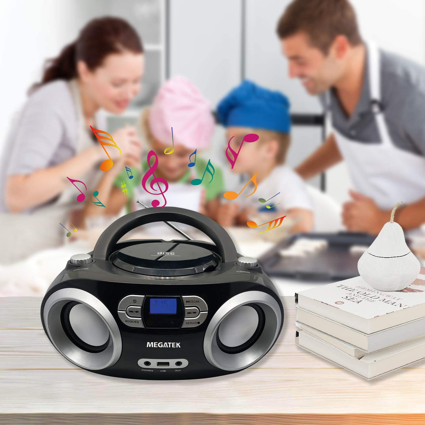 Megatek CB-M25BT Portable CD Player Boombox with FM Stereo Radio, Bluetooth Wireless & Enhanced Sound, CD-R/CD-RW/MP3/WMA Playback, USB Port, AUX Input, Headphone Jack, LCD Display, AC/Battery Powered