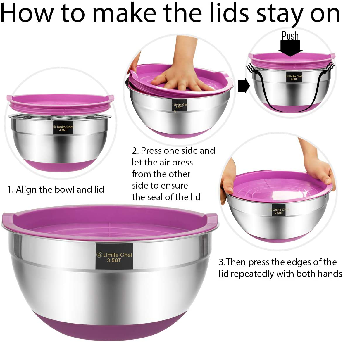 Mixing Bowls with Airtight Lids, 6 piece Stainless Steel Metal Bowls by Umite Chef, Colorful Non-Slip Bottoms Size 7, 3.5, 2.5, 2.0,1.5, 1QT, Great for Mixing & Serving