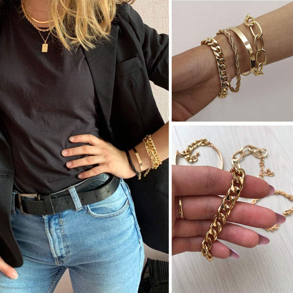 IFKM Gold Bracelets for Women, 14K Gold Plated Dainty Layered Chain Bracelets Adjustable Cute Charm Bangle Link Bracelet Set