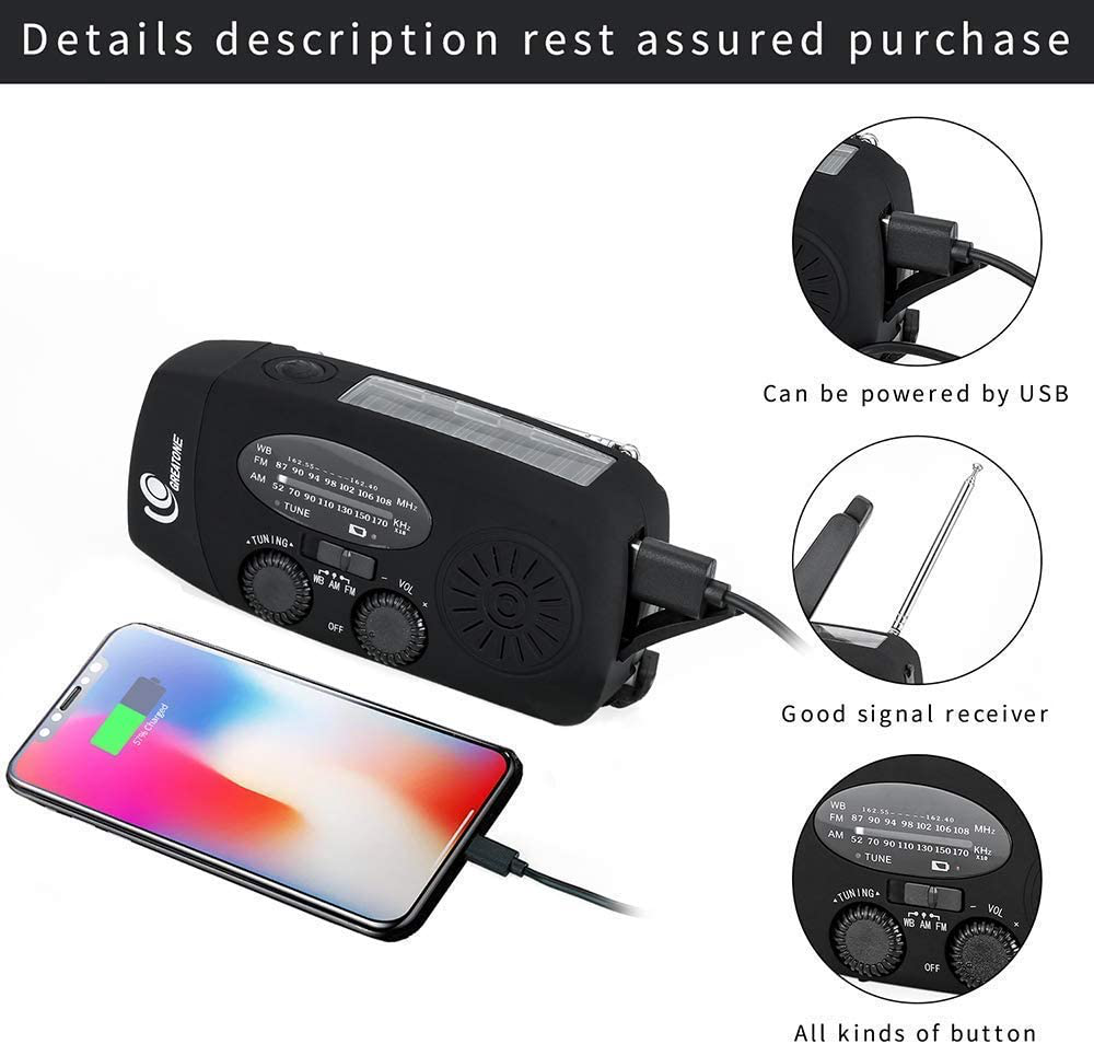 Weather Radio Emergency Hand Crank Self Powered AM/FM NOAA Solar Portable Camping Weather Radio with LED Flashlight