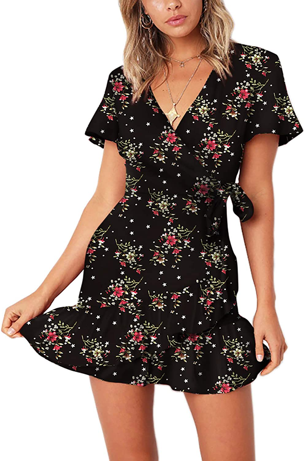 Relipop Summer Women Short Sleeve Print Dress V Neck Casual Short Dresses