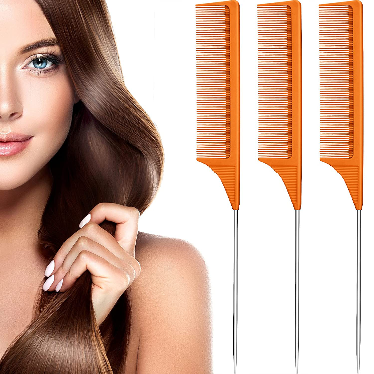 3 Packs Rat Tail Comb Steel Pin Rat Tail Carbon Fiber Heat Resistant Teasing Combs with Stainless Steel Pintail