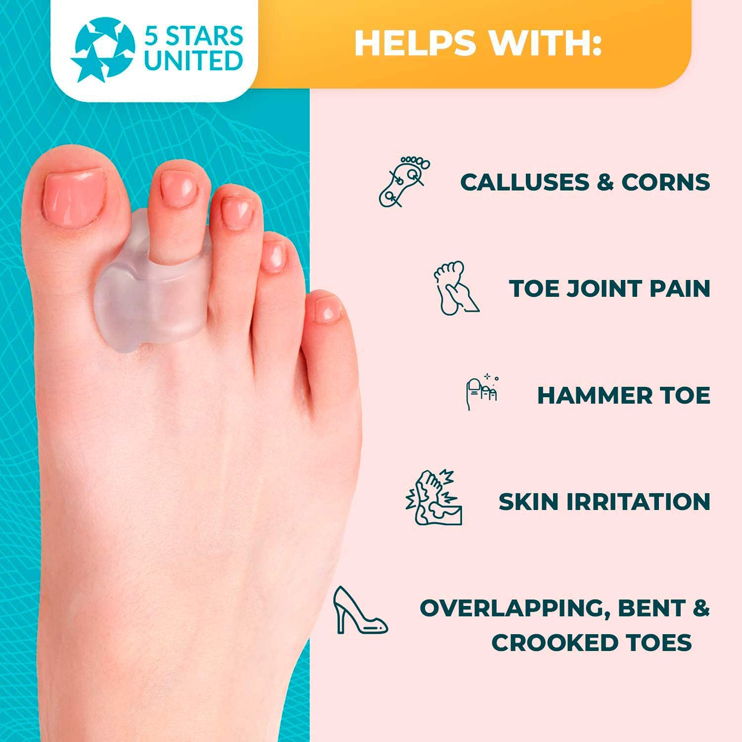 Toe Separators Hammer Toe Straightener - 4-Pack Big Toe Spacers Clear - Gel Spreader - Correct Crooked Toes - Bunion Corrector and Bunion Relief - Pads for Overlapping, Hallux Valgus, Yoga