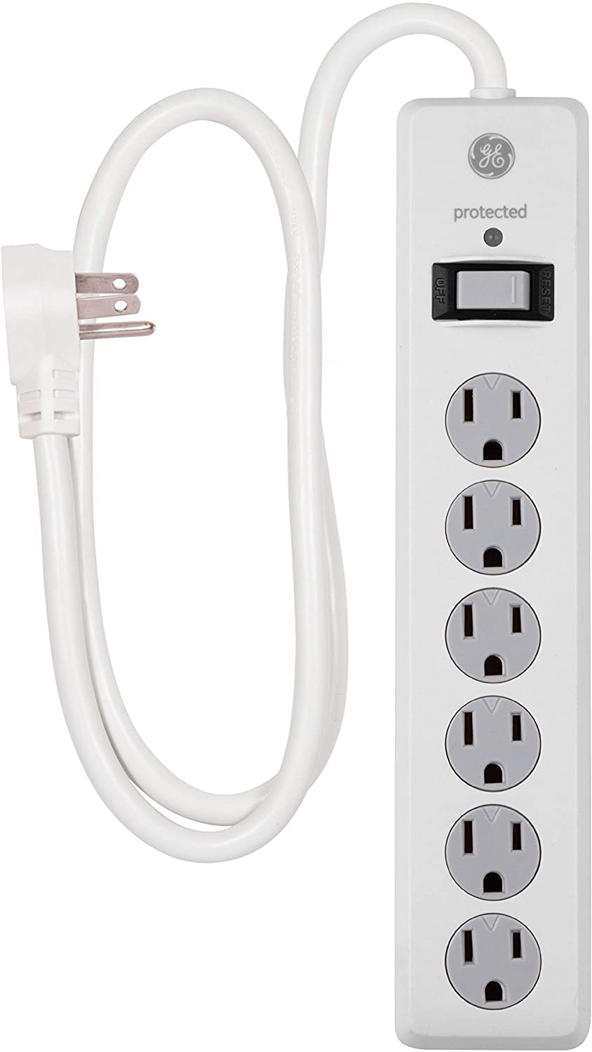 GE 6 Outlet Surge Protector, 10 Ft Extension Cord, Power Strip, 800 Joules, Flat Plug, Twist-to-Close Safety Covers, White, 14092