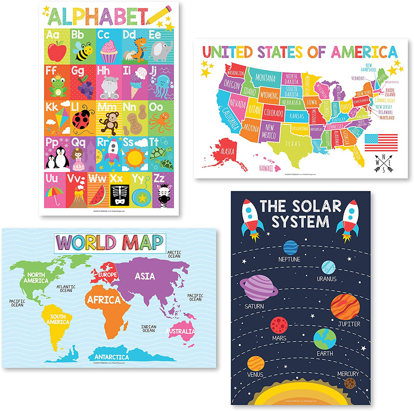 4 Alphabet, Map of United States, World Map, Solar System, ABC Posters Toddlers Wall Art Decor, Planets For Kid Chart, US Travel Map Laminated Kindergarten Classroom Prek Homeschool Supplies 11x17"