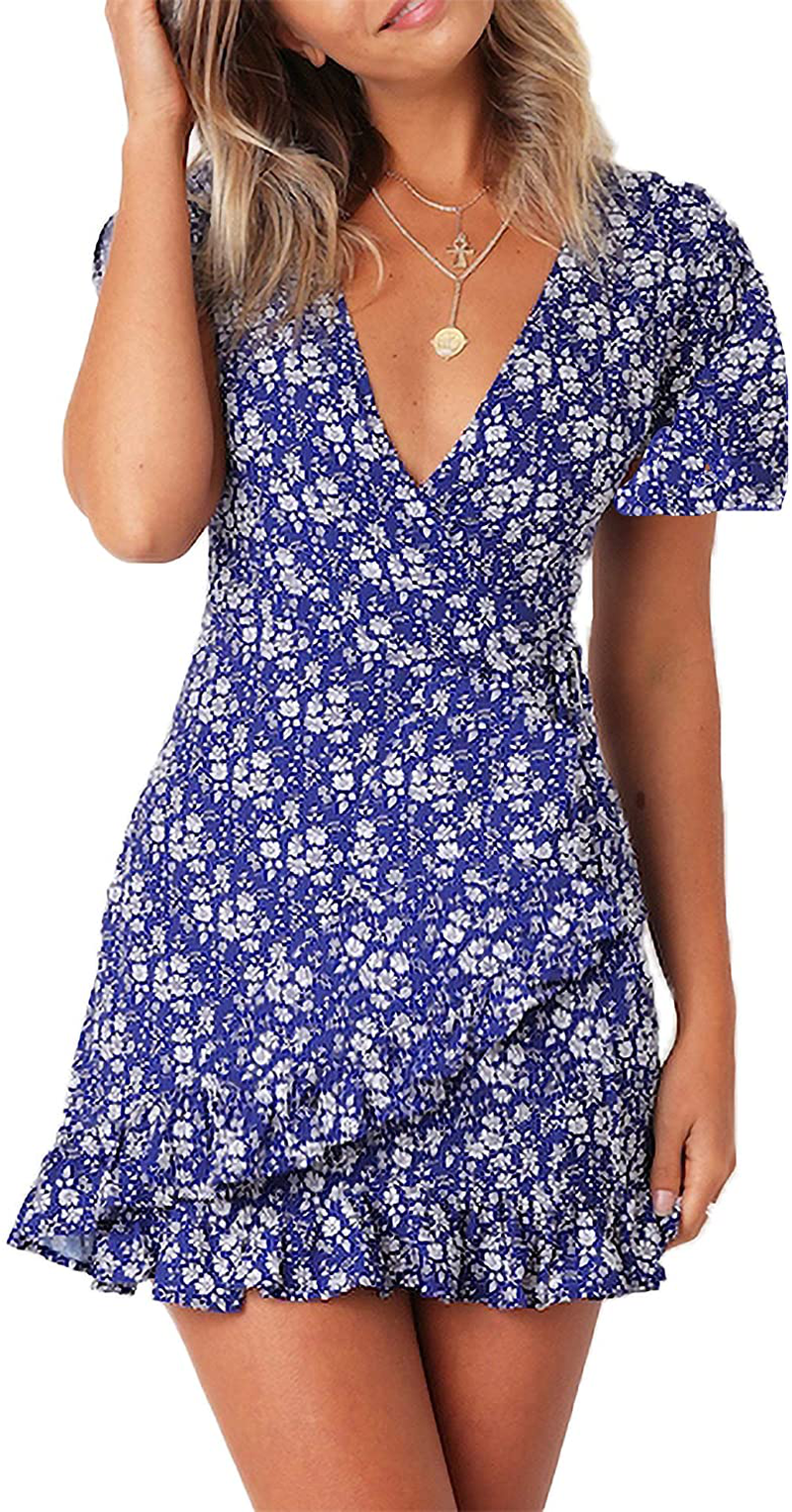 Relipop Summer Women Short Sleeve Print Dress V Neck Casual Short Dresses
