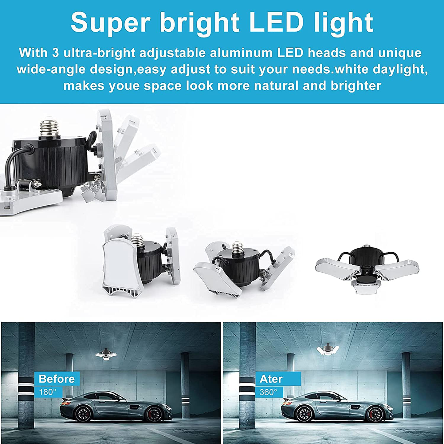 2-Pack LED Garage Lights, 60W LED Shop Light 5000K 6000LM Three-Leaf Garage Ceiling Light Fixtures,Adjustable Multi-Position Panels,E26 Base,LED Glow Light for Garage, Workshop Attic and Basement