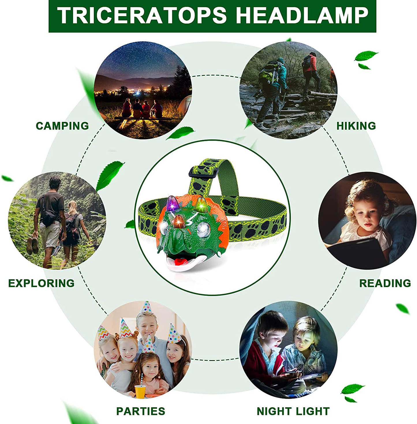 Triceratops LED Headlamp - Dinosaur Headlamp for Kids Camping Essentials | Dinosaur Toy Head Lamp Flashlight for Boys Girls or Adults | Ideal Gift for Birthday, Thanksgiving, Christmas, New Year