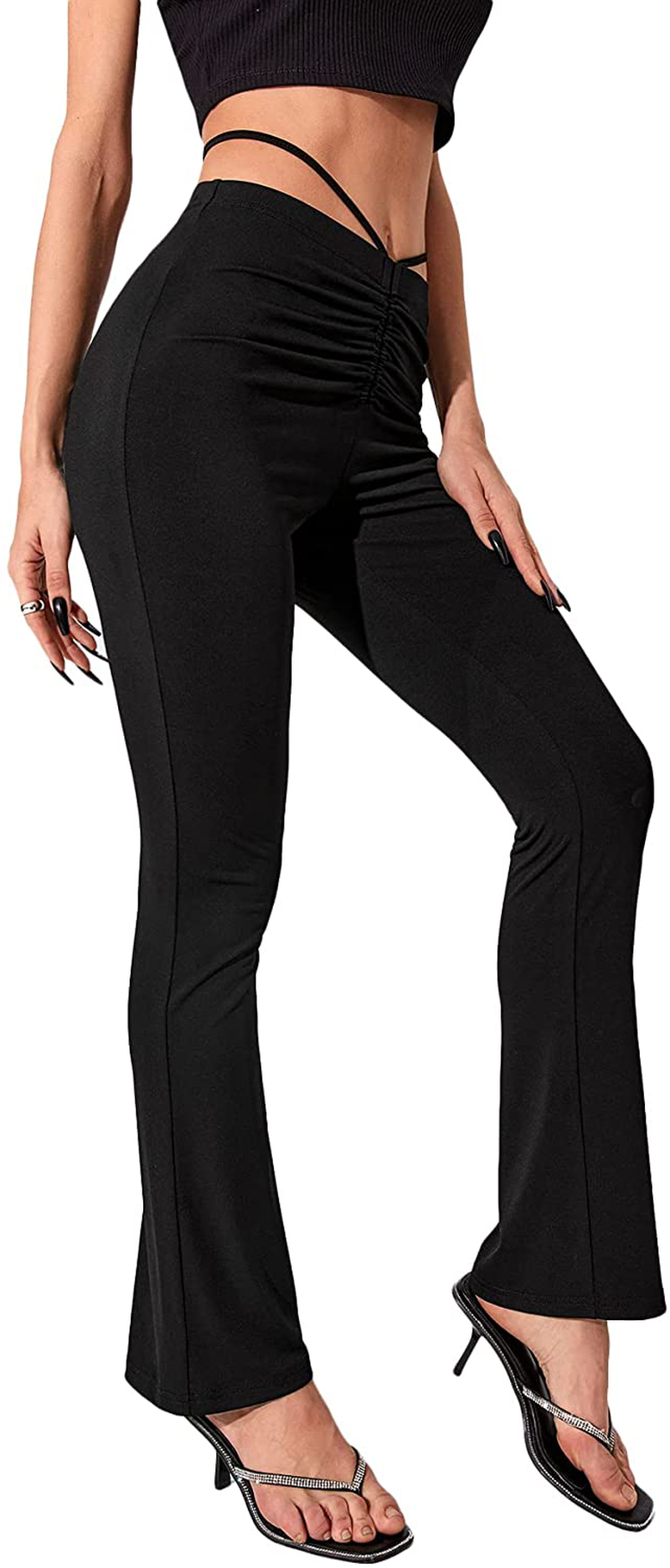 SheIn Women's High Waist Ruched Pants Cut Out Flared Leg Tie Back Trousers
