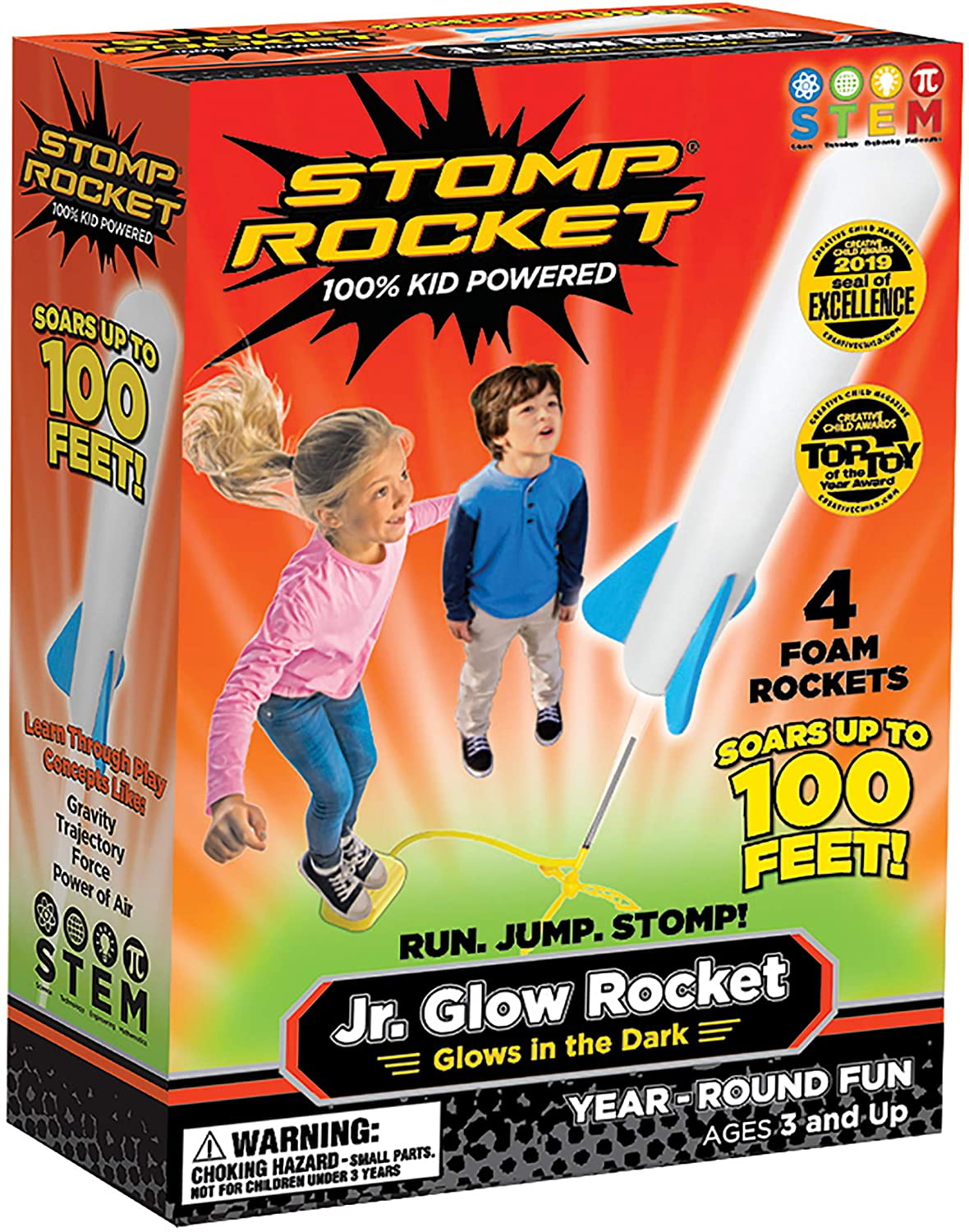 Stomp Rocket The Original Jr. Glow Rocket Launcher, 4 Foam Rockets and Toy Air Rocket Launcher - Glows in The Dark, STEM Gift for Boys and Girls Ages 3 Years and Up - Great for Year Round Play