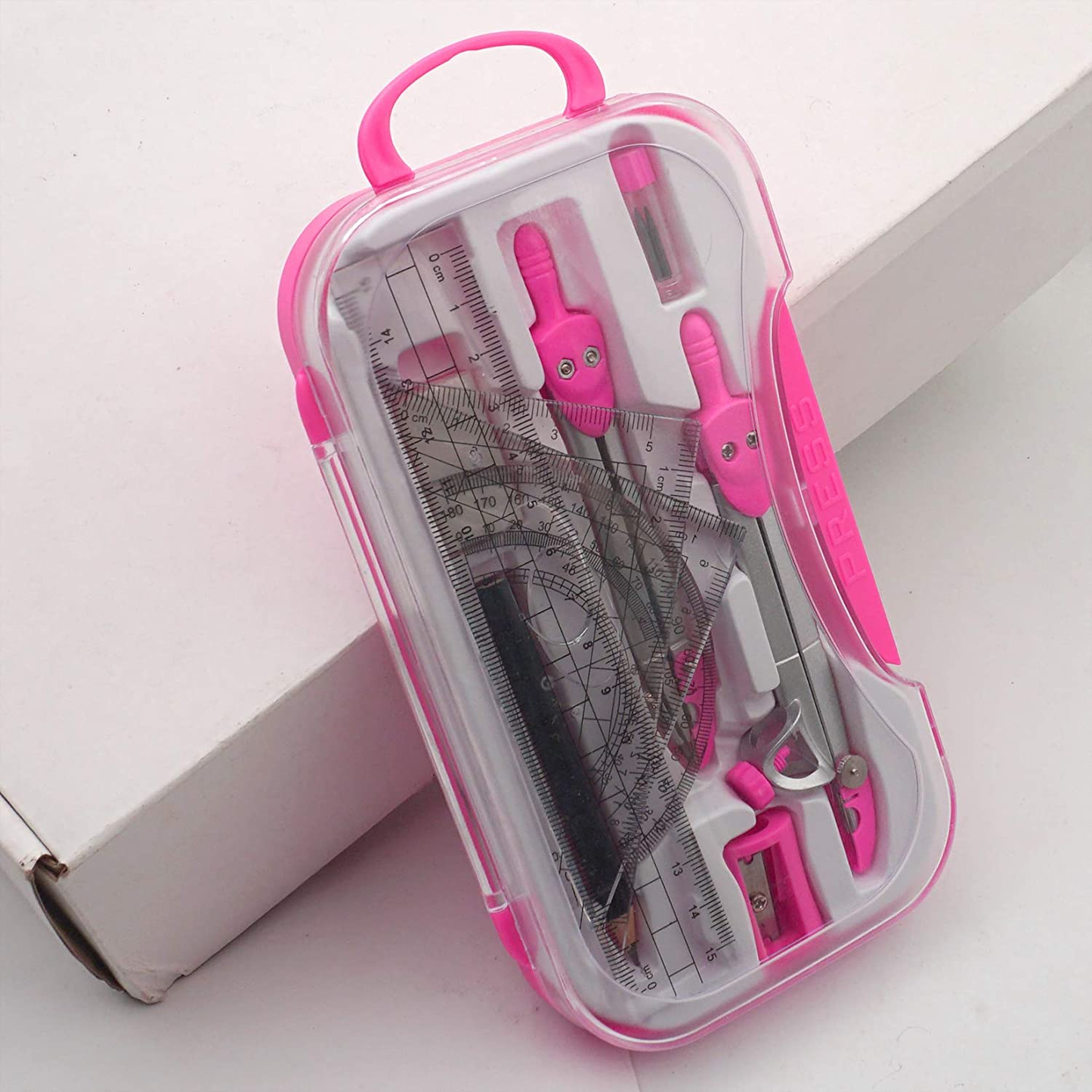 Geometry Set Maths Compasses for Students with Compasses Protractor in Carry Case, Pink