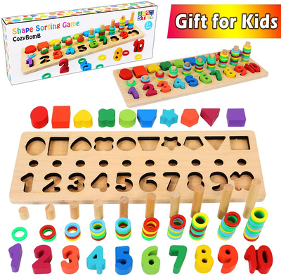 CozyBomB Wooden Number Puzzle Sorting Montessori Toys for Toddlers - Shape Sorter Counting Game for Age 3 4 5 Year olds Kids - Preschool Education Math Stacking Block Learning Wood Chunky Jigsaw