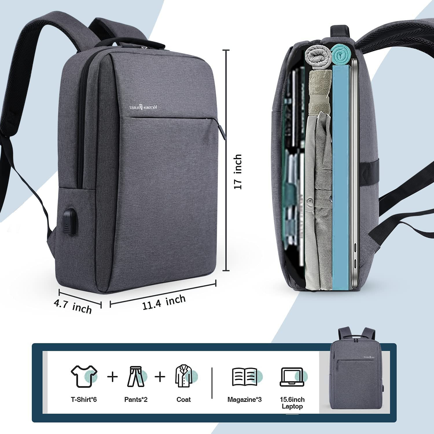 Laptop Backpack 15.6 Inch, Business Slim Durable Laptops Travel Backpacks with USB Charging Port, College School Computer Bag Gifts for Men and Women Fits Notebook (Grey)