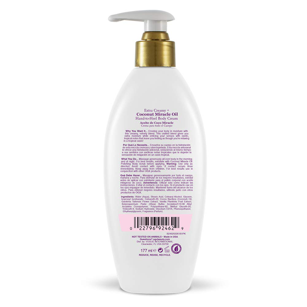 OGX Extra Creamy + Coconut Miracle Oil Hand-to-Heel Body Cream with Vanilla Bean, Fast-Absorbing Body Lotion for Dry Skin, Paraben-Free and Sulfated-Surfactants Free, 6 fl oz