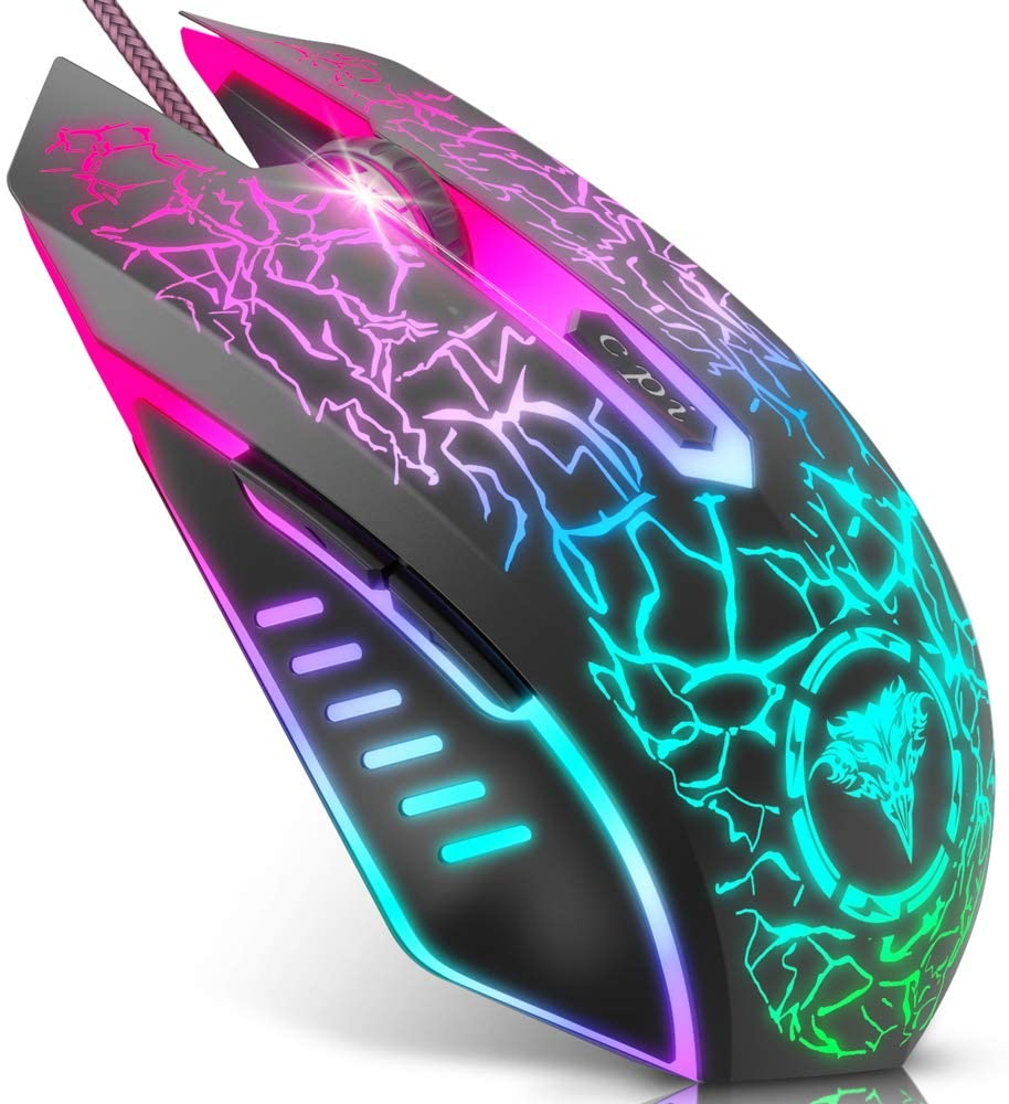 Gaming Mouse Wired, USB Optical Computer Mice with RGB Backlit, 4 Adjustable DPI up to 3600, Ergonomic Gamer Laptop PC Mouse with 6 Programmable Buttons for Windows 7/8/10/XP Vista Linux -Black