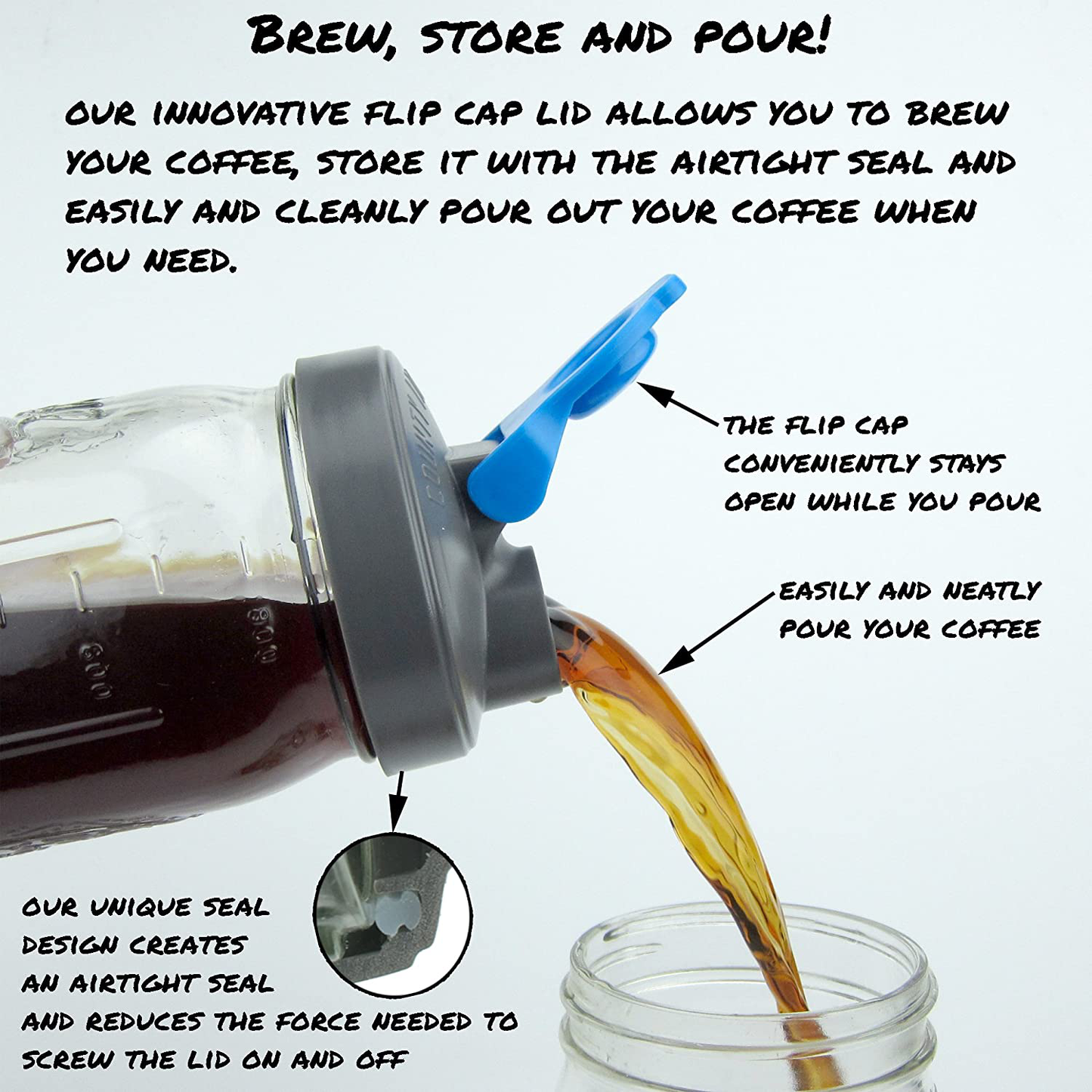 County Line Kitchen Durable Cold Brew Mason Jar Coffee Maker. Glass Jar, Stainless Steel Filter, Flip Cap Lid