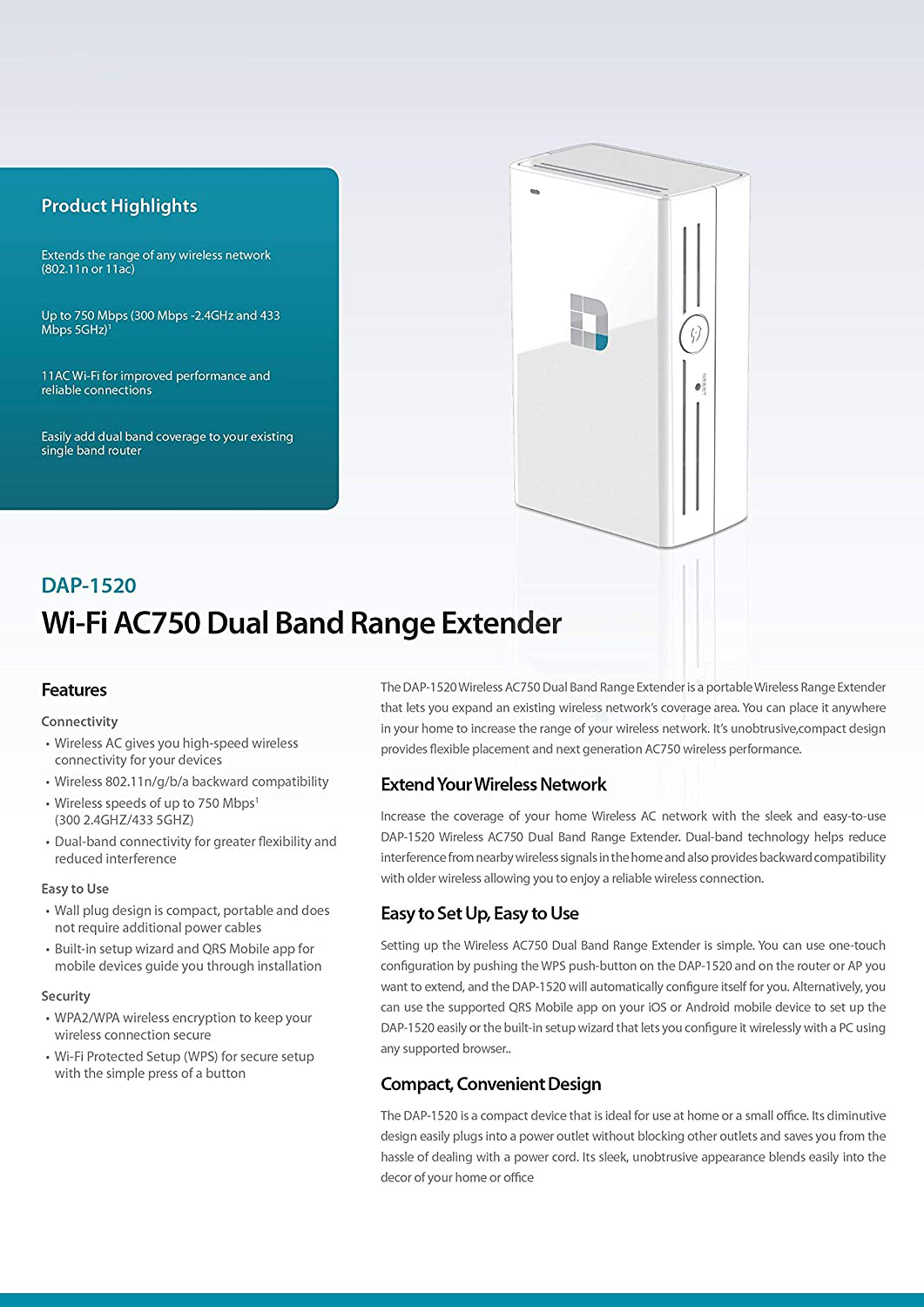D-Link DAP-1520 IEEE 802.11N 750 Mbps Wireless Range Extender (Renewed)