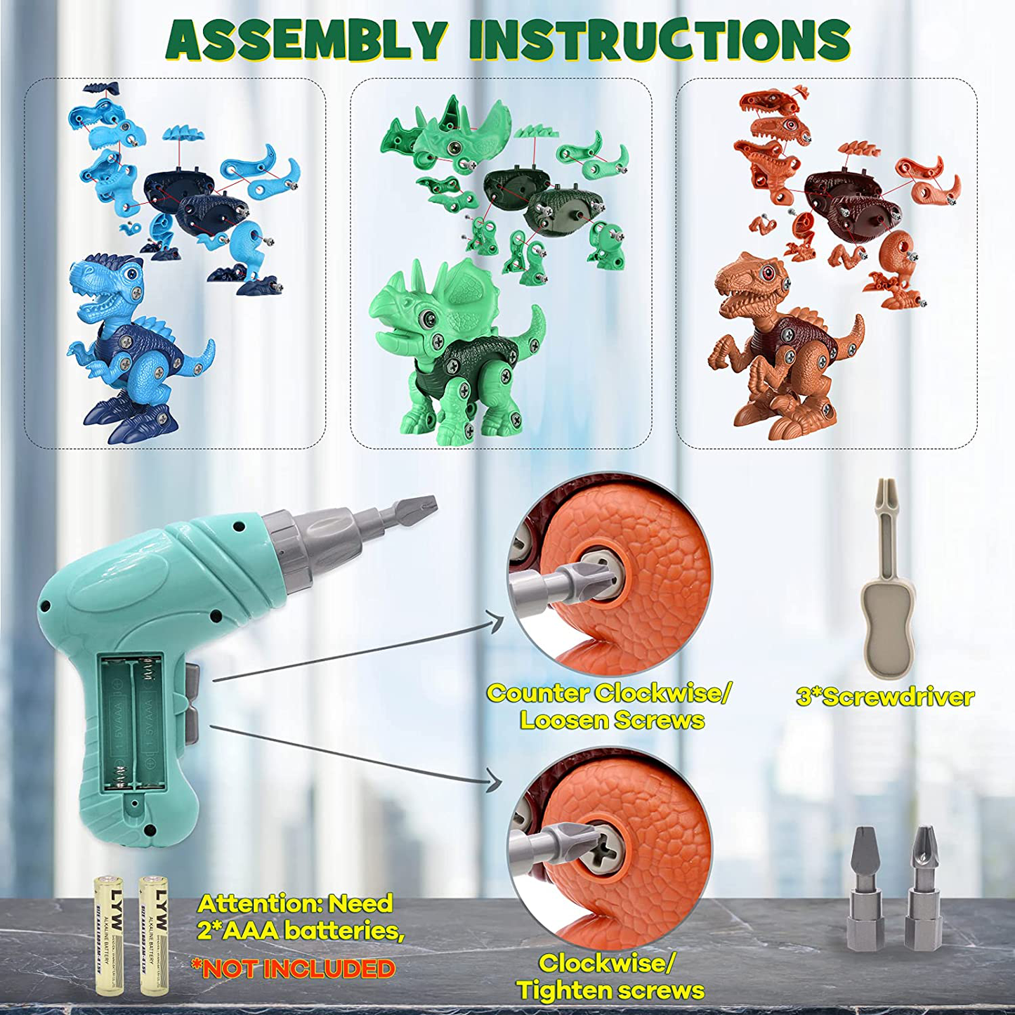 Dinosaur Toys for 3 4 5 6 7 Year Old Boys, Take Apart Dinosaur Toys for Kids 3-5 5-7 STEM Construction Building Kids Toys with Electric Drill, Dinosaur Toys Christmas Birthday Gifts Boys Girls