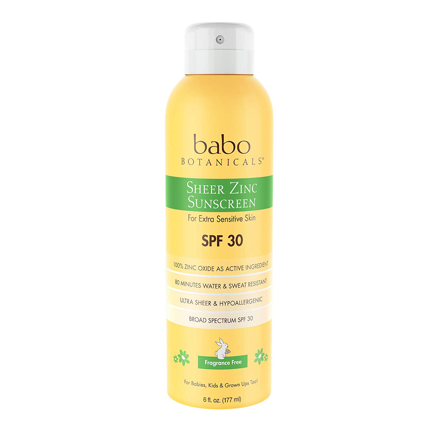 Babo Botanicals Sheer Zinc Continuous Spray Sunscreen SPF 30 with 100% Mineral Active, Non-Nano, Water-Resistant, Reef-Friendly, Fragrance-Free, Vegan, for Babies, Kids or Sensitive Skin - 6 oz.