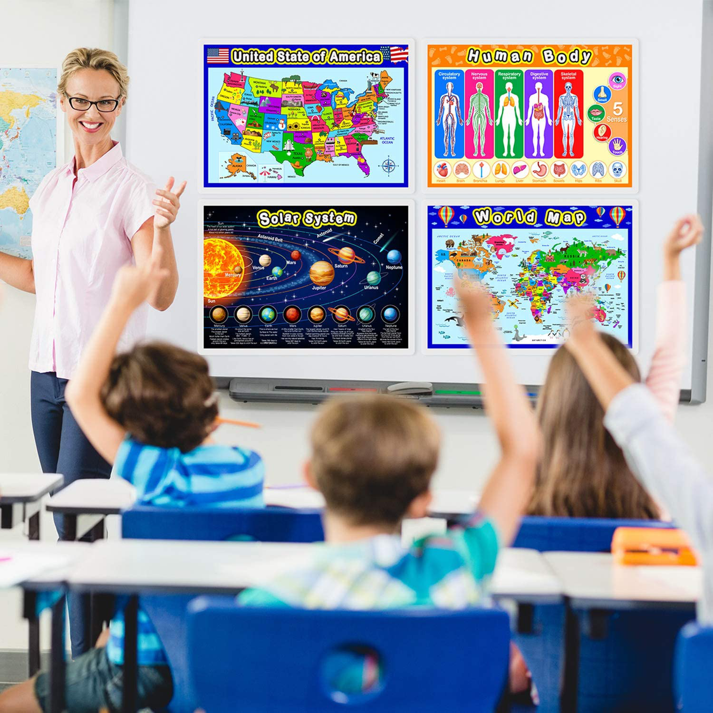 Fully Laminated Preschool Educational Posters for Kids and Toddlers, Nursery Homeschool Pre-K Kindergarten (4 Pieces, World Map, USA Map, Solar System, Human Body)