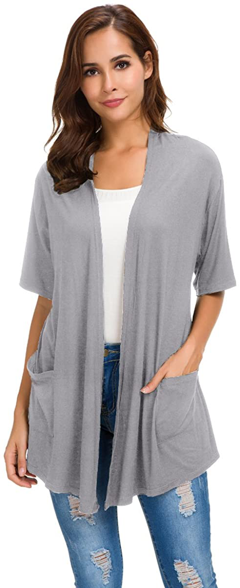 Womens Short Sleeve Open Front Lightweight Casual Comfy Long Line Drape Hem Soft Modal Cardigans Sweater with Two Pockets